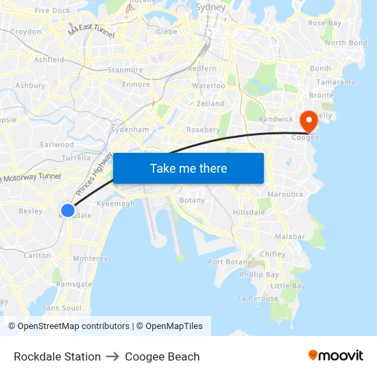 Rockdale Station to Coogee Beach map