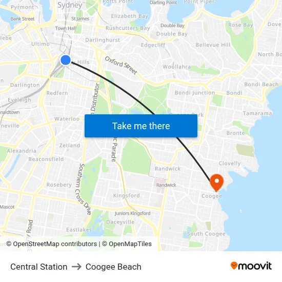 Central Station to Coogee Beach map