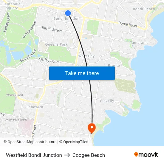 Westfield Bondi Junction to Coogee Beach map