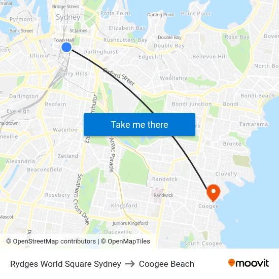 Rydges World Square Sydney to Coogee Beach map
