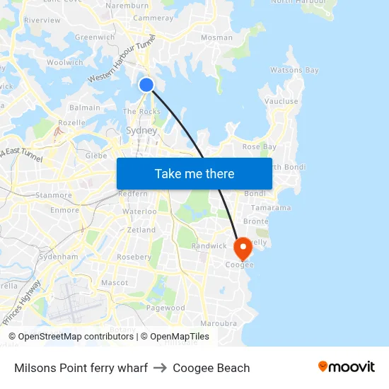 Milsons Point ferry wharf to Coogee Beach map