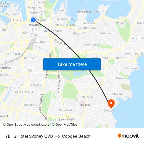 YEHS Hotel Sydney QVB to Coogee Beach map