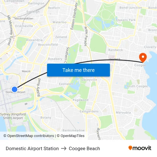 Domestic Airport Station to Coogee Beach map
