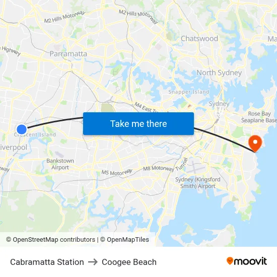 Cabramatta Station to Coogee Beach map