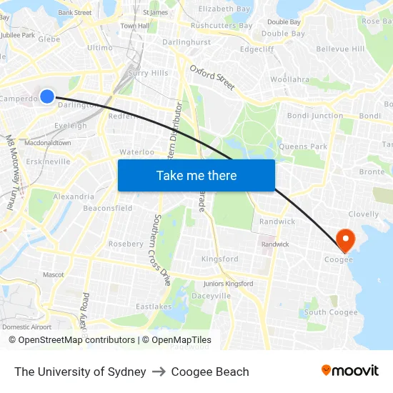 The University of Sydney to Coogee Beach map