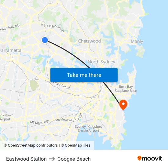 Eastwood Station to Coogee Beach map