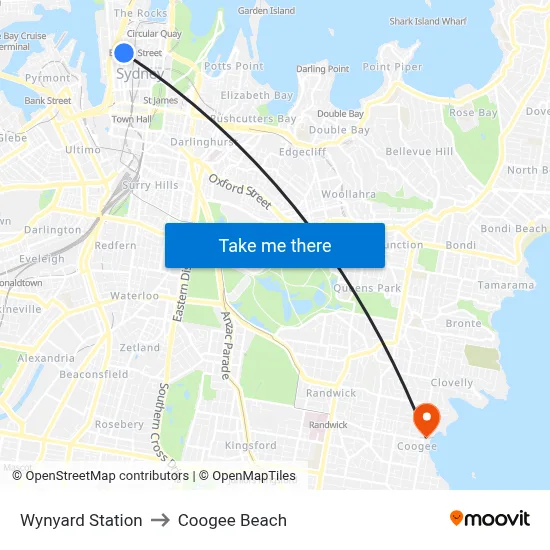 Wynyard Station to Coogee Beach map