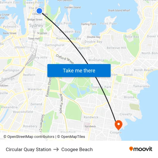 Circular Quay Station to Coogee Beach map