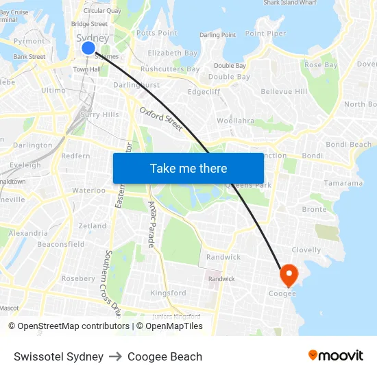 Swissotel Sydney to Coogee Beach map