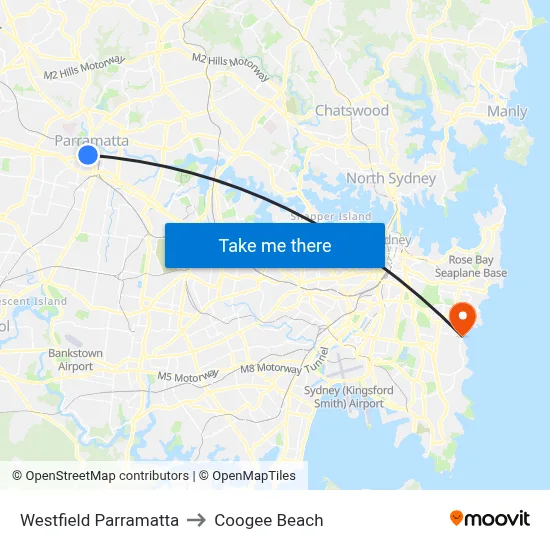 Westfield Parramatta to Coogee Beach map
