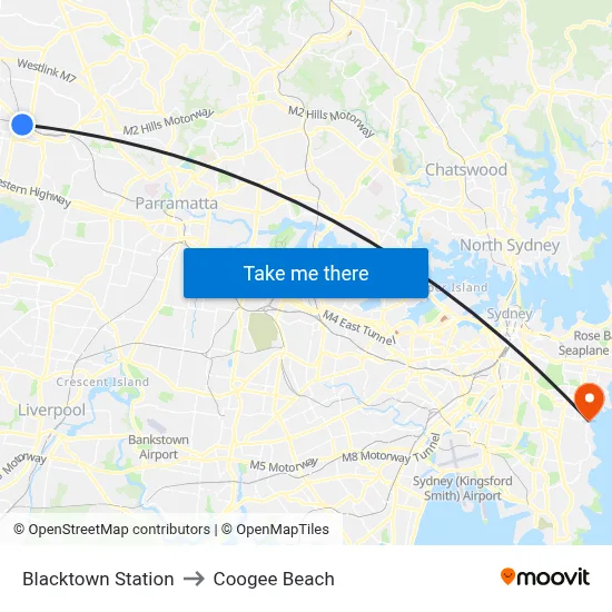 Blacktown Station to Coogee Beach map