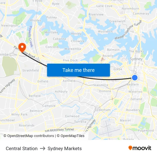 Central Station to Sydney Markets map