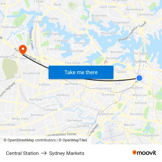 Central Station to Sydney Markets map