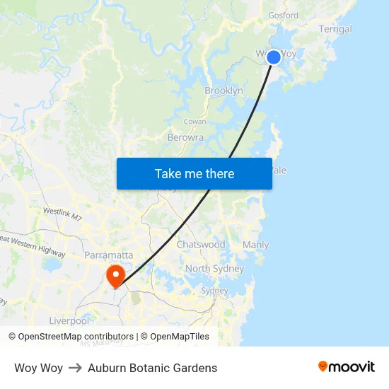 Woy Woy to Auburn Botanic Gardens map