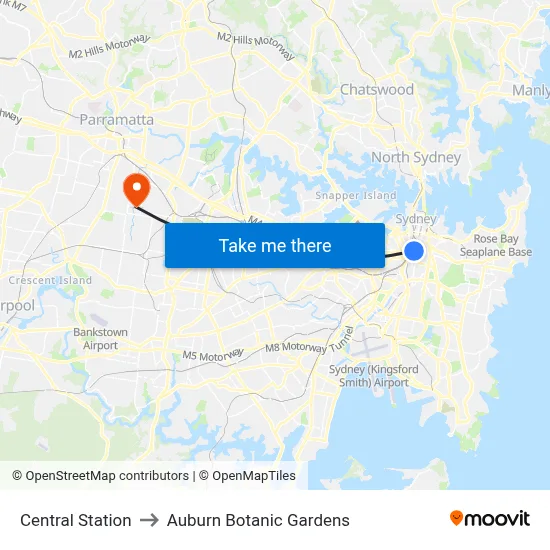 Central Station to Auburn Botanic Gardens map