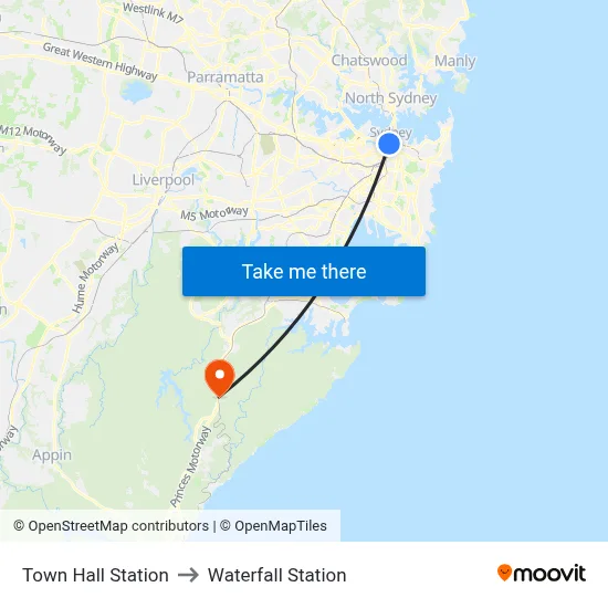 Town Hall Station to Waterfall Station map