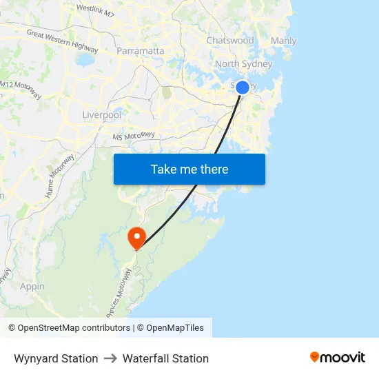 Wynyard Station to Waterfall Station map