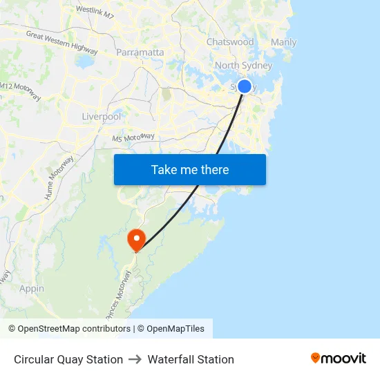 Circular Quay Station to Waterfall Station map