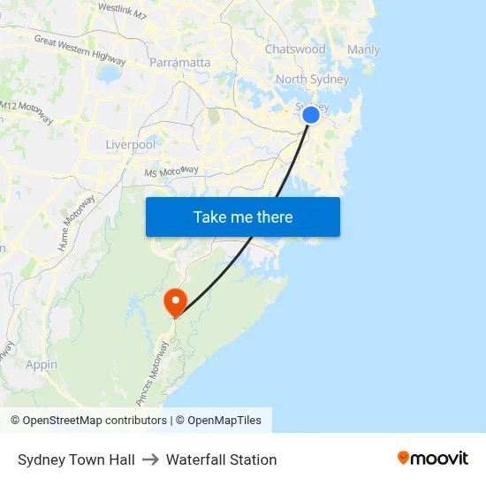 Sydney Town Hall to Waterfall Station map