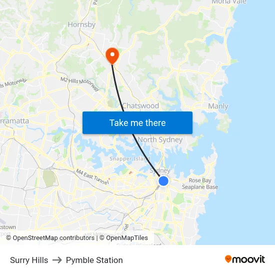 Surry Hills to Pymble Station map
