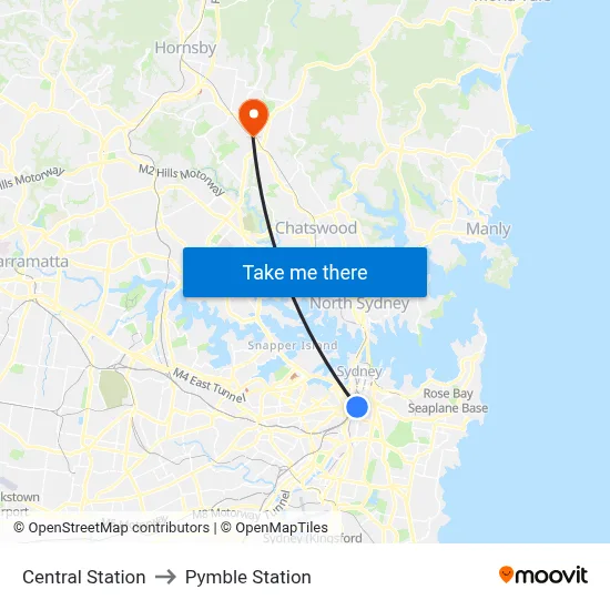 Central Station to Pymble Station map