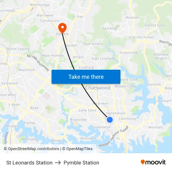 St Leonards Station to Pymble Station map