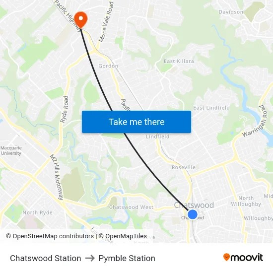 Chatswood Station to Pymble Station map