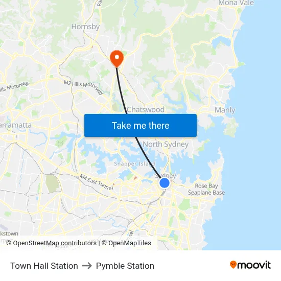 Town Hall Station to Pymble Station map