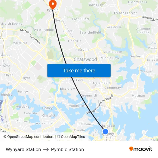 Wynyard Station to Pymble Station map