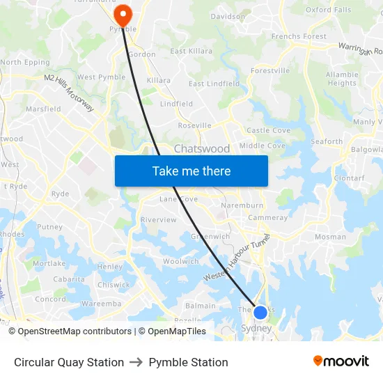 Circular Quay Station to Pymble Station map