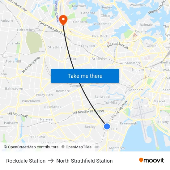 Rockdale Station to North Strathfield Station map
