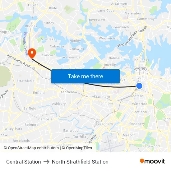 Central Station to North Strathfield Station map