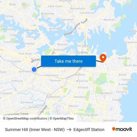 Summer Hill (Inner West - NSW) to Edgecliff Station map