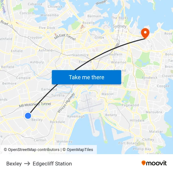 Bexley to Edgecliff Station map