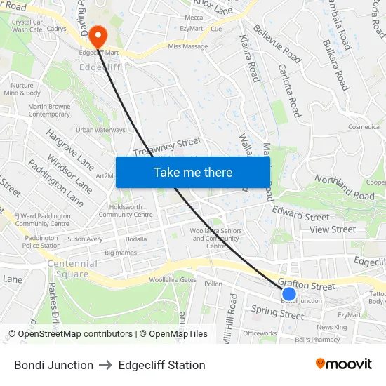 Bondi Junction to Edgecliff Station map