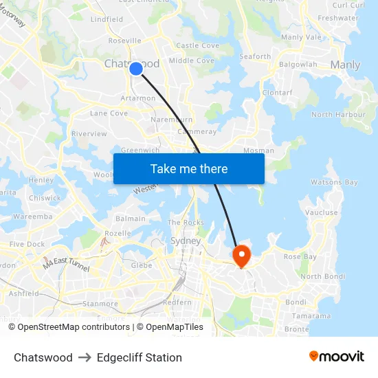 Chatswood to Edgecliff Station map