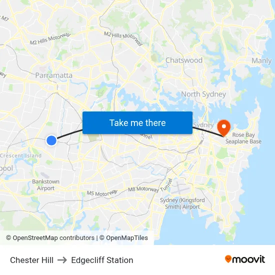 Chester Hill to Edgecliff Station map