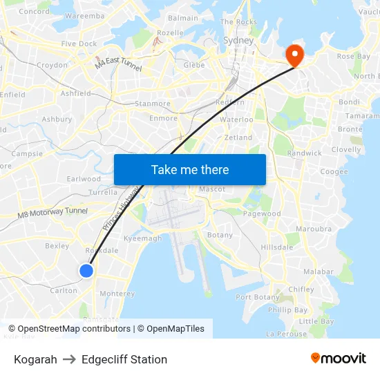 Kogarah to Edgecliff Station map