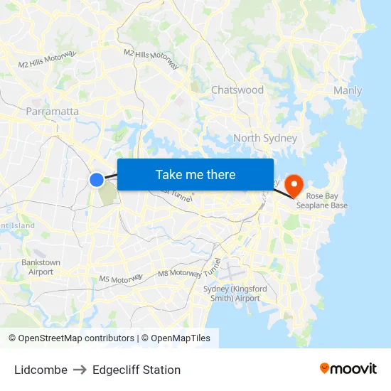 Lidcombe to Edgecliff Station map