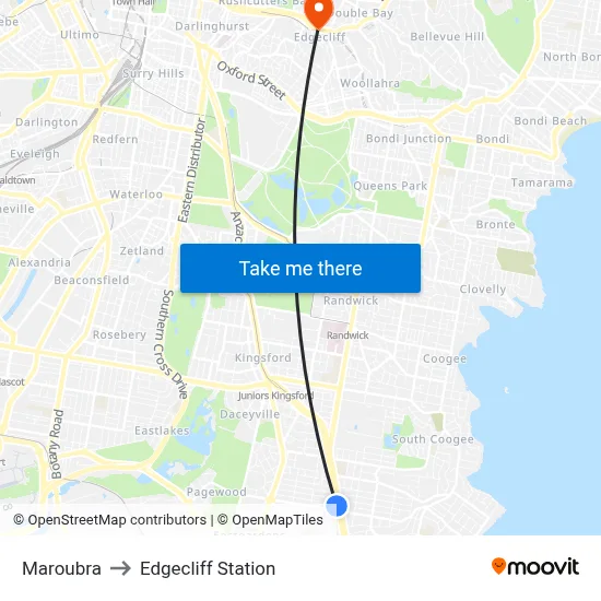 Maroubra to Edgecliff Station map