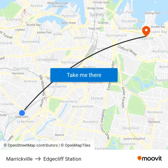 Marrickville to Edgecliff Station map