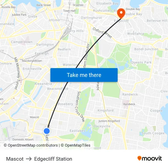 Mascot to Edgecliff Station map