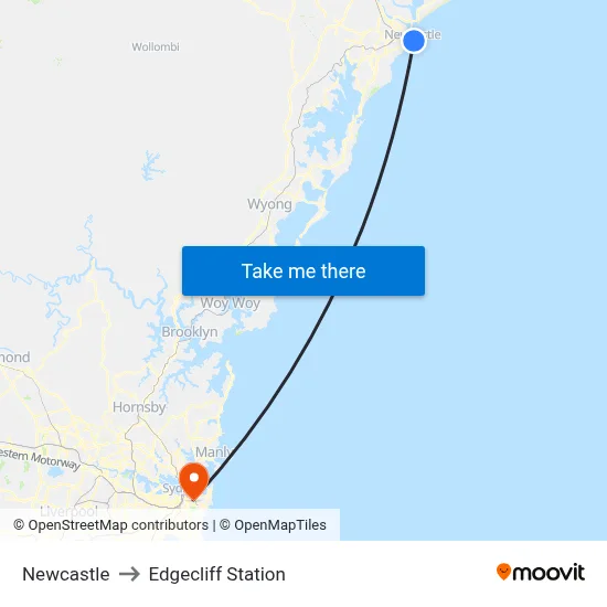 Newcastle to Edgecliff Station map