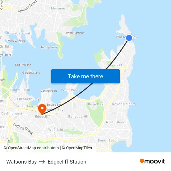 Watsons Bay to Edgecliff Station map