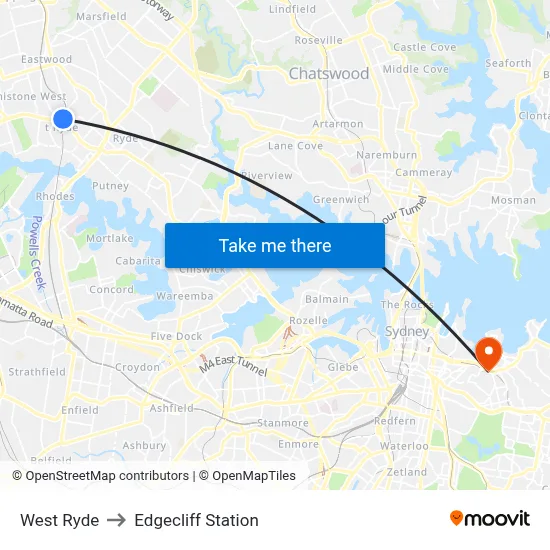 West Ryde to Edgecliff Station map