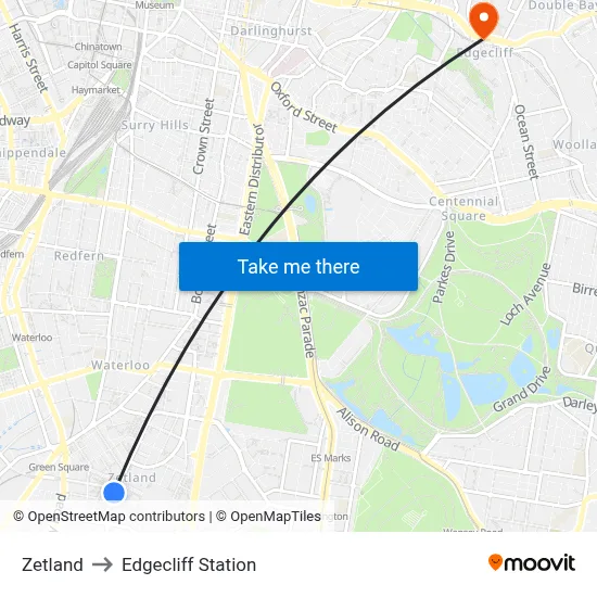 Zetland to Edgecliff Station map