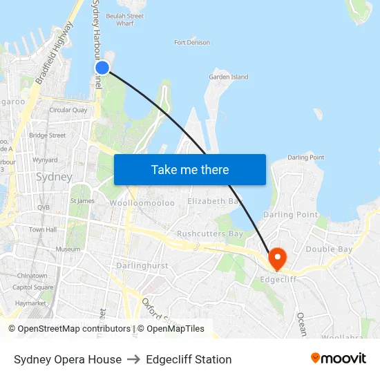 Sydney Opera House to Edgecliff Station map