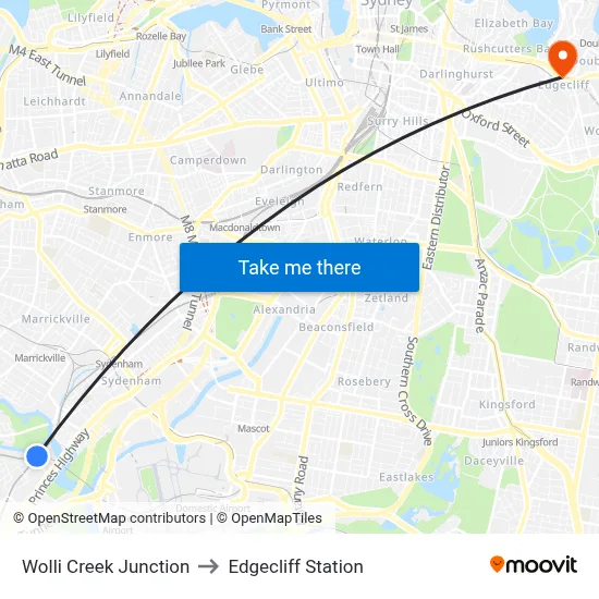 Wolli Creek Junction to Edgecliff Station map