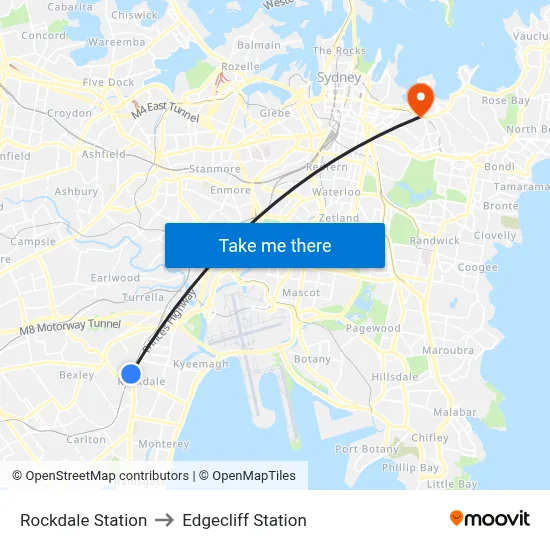 Rockdale Station to Edgecliff Station map