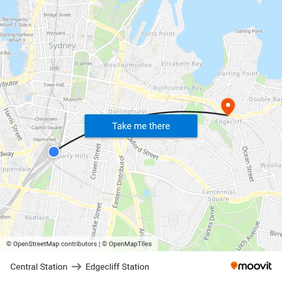 Central Station to Edgecliff Station map
